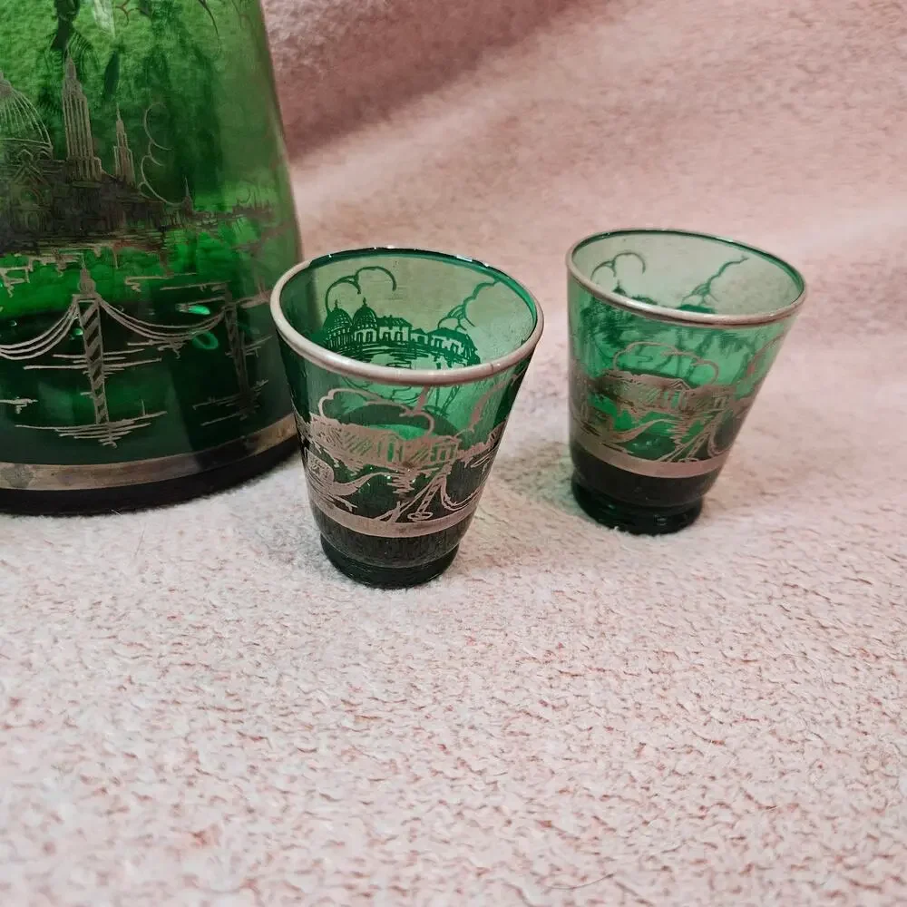 Vintage Venetian Emerald Green Glass Decanter Set w/ Silver Overlay & 4 Glasses